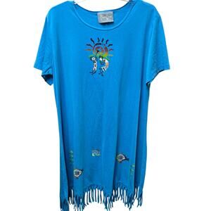 Vintage Cover Charge Kokopelli Fish Fringe Tunic Dress Cover Up Made USA